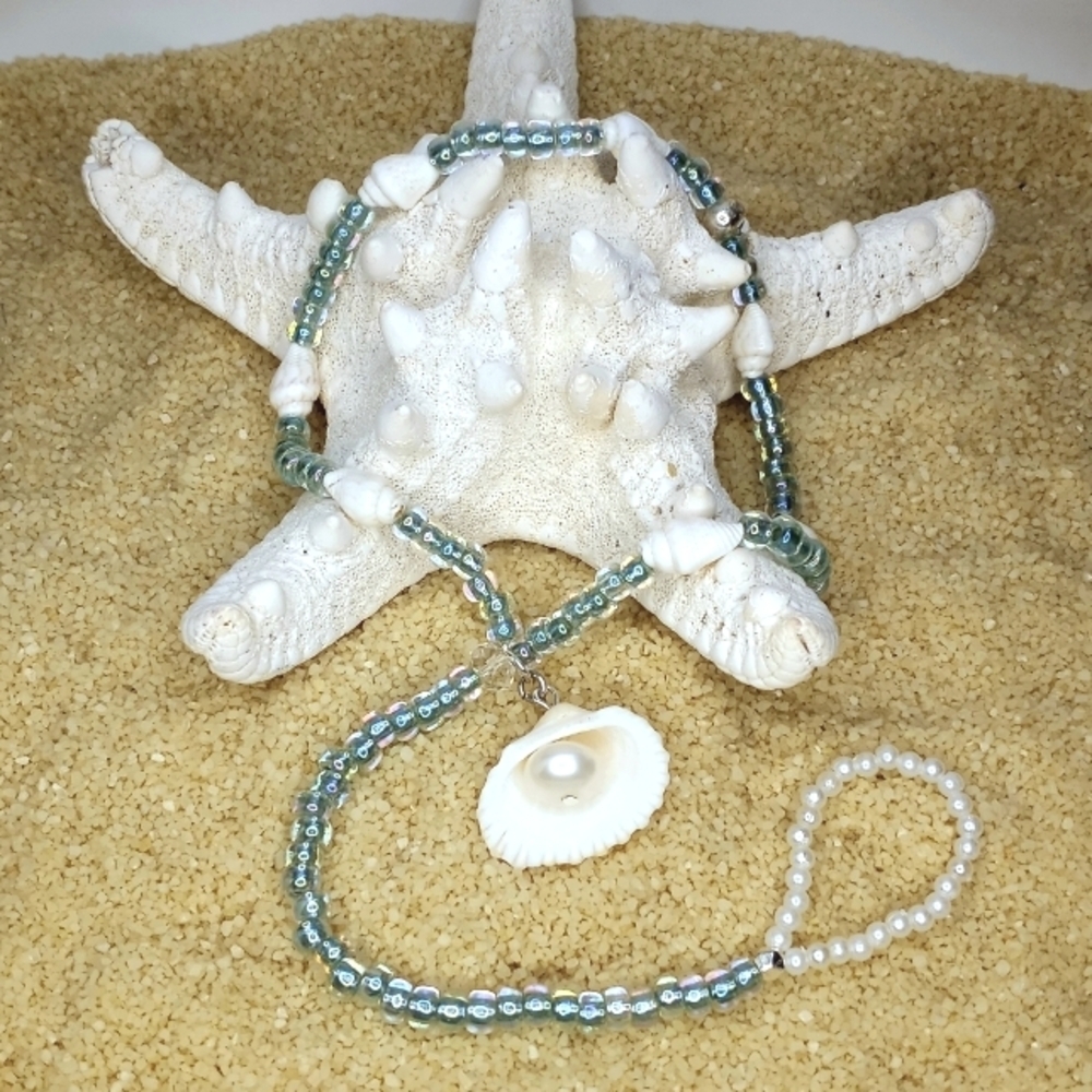 Cultured Pearl Anklet and Toe Ring, Shell, Beaded, Blue, White, Womens Jewelry